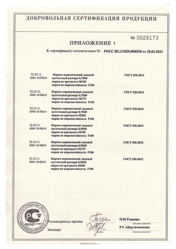 Сертификат Соответствия на Кирпич 0.7НФ и 0.9