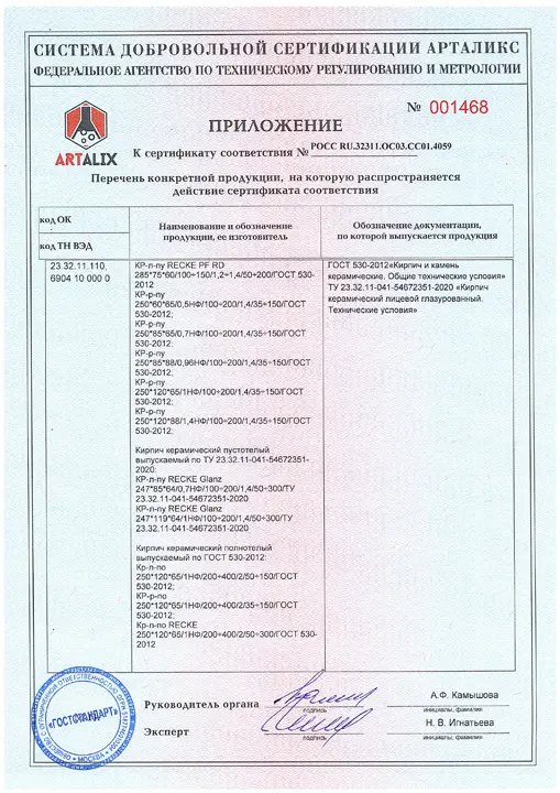 Приложение 2 к сертификату на кирпич Старый Оскол