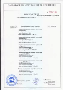 Приложение к сертификату качества на Железногорский кирпич